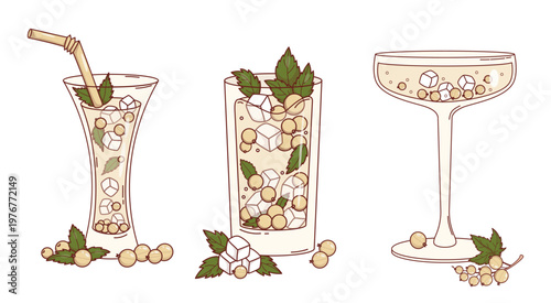 White Currant Cocktail Set. Refreshing Drinks with Berries in Elegant Glasses. Isolated Summer beverage with Berry, Ice Cubes and Mint. Vector Illustration.