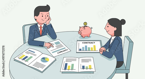Business meeting illustration with financial reports and piggy bank showing contract review and savings strategy in cartoon style
