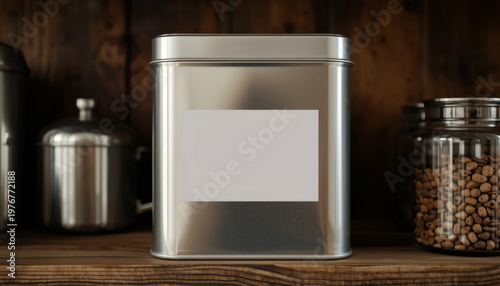 A silver tin container with a blank label sits on a wooden shelf alongside other kitchen containers.