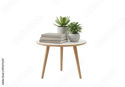 A small round wooden side table decorated with a stack of three books and two potted houseplants