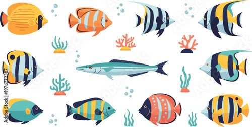 Tropical Fish Vector Illustration Set with Colorful Marine Species, Coral Elements, and Underwater Ocean Life for Aquarium, Nature, and Aquatic Design Projects.