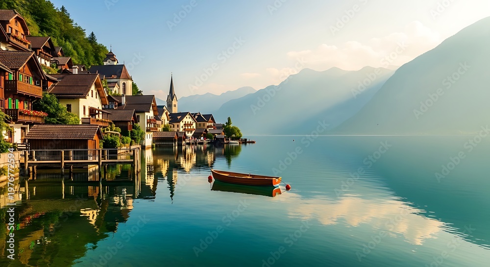 Obraz premium A small boat is floating on the water near a town