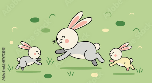 Cartoon bunnies running happily in green field illustration; cute rabbit family enjoying springtime in fun pastel design