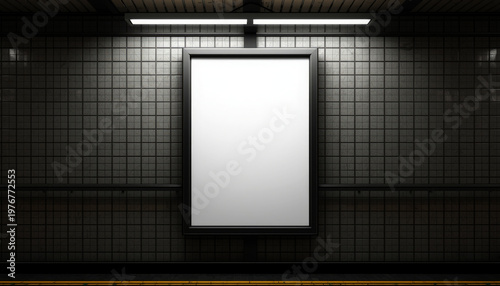 A blank advertisement poster hangs on a tiled wall in a dimly lit subway station
