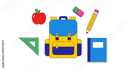 Colorful flat vector illustration of essential school supplies, including a backpack, apple, pencil, and notebook, symbolizing back-to-school season and the journey of education