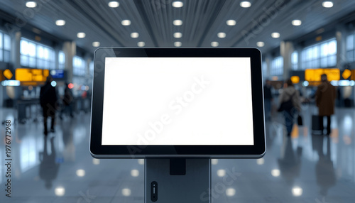 A blank digital screen stands in a bustling airport terminal with people walking in the background.