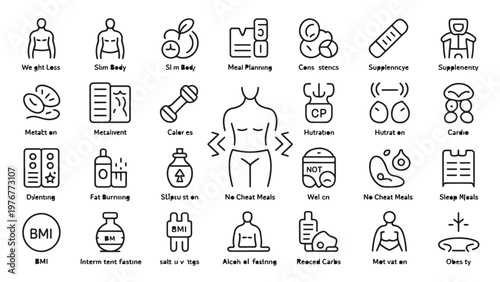 Line-style fitness and health icon set with exercise, diet, and body management symbols.