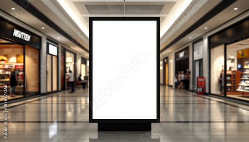 A large blank advertisement board stands in the middle of a modern shopping mall corridor with various storefronts.