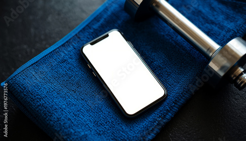 A smartphone lies on a blue towel next to a dumbbell on a dark surface