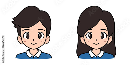 Cute cartoon avatar set of man and woman in blue polo shirt uniform.