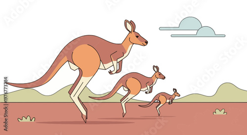 Cartoon kangaroo family jumping in the outback illustration; marsupials in the Australian desert wildlife scene with clouds in the sky