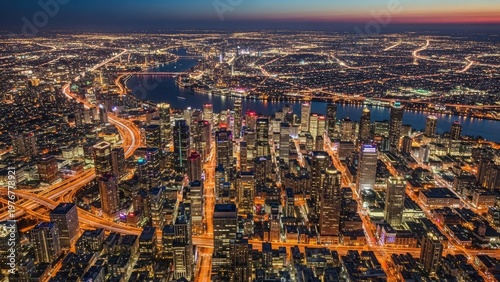 Aerial view of a vibrant city at dusk with illuminated skyscrapers and waterways