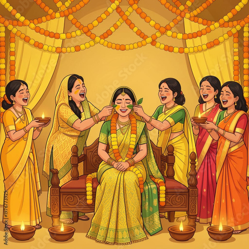 Family Applying Turmeric to Bride at Gaye Holud Ceremony