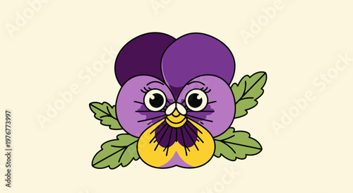 Cartoon pansy flower with cute face vibrant purple and yellow petals and green leaves in a cheerful botanical illustration