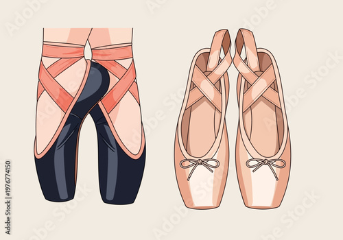 Vector Illustration of Ballerina Feet en Pointe in Black Shoes and a Pair of Classic Pink Ballet Pointe Shoes
