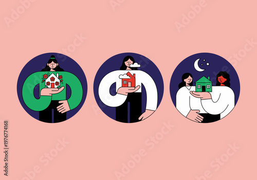Modern flat vector illustration of diverse women holding small houses, real estate and home ownership concept icons.
