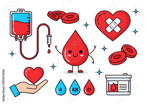 Blood Donation Illustration Set with Cute Kawaii Blood Drop Character, IV Bag, Heart, and Red Blood Cells for Healthcare Awareness
