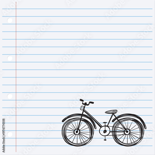 Vintage bicycle vector illustration on a blank lined notebook paper sheet for retro school notepad design