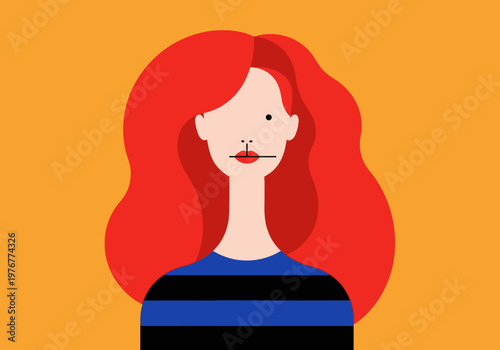 Minimalist Portrait of a Woman with Long Wavy Red Hair in Flat Illustration Style
