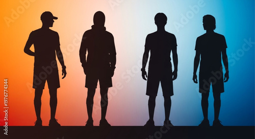 Silhouettes Of Four Standing Male Figures In Line.
