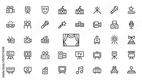 Line-style entertainment and media icon set with theater masks, cameras, and music symbols.