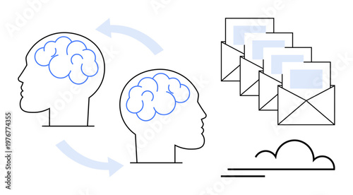 Knowledge sharing, digital communication, cloud storage, collaboration, neuroscience, innovation. Two human heads with arrows indicating idea transfer and envelopes messages. Knowledge sharing
