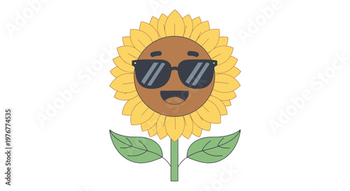 Cartoon sunflower with sunglasses character illustration cute floral plant smiling yellow petals and happy face vector drawing isolated