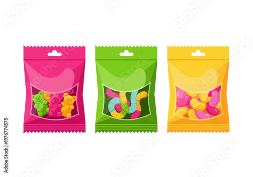 Set of Three Colorful Gummy Candy Packets with Gummy Bears, Worms, and Jelly Beans Illustration