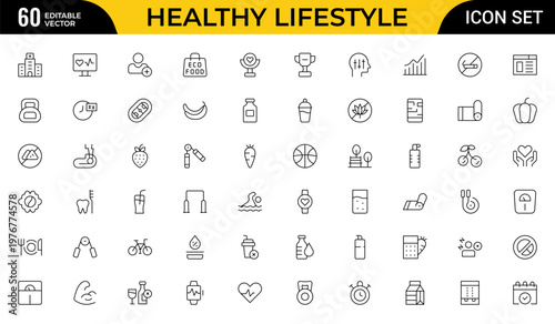 Healthy Lifestyle and Daily Habits Line Icon Set for Wellness, Self Care, Fitness, Discipline, Balance, Routine and Positive Living Outline Vector Collection