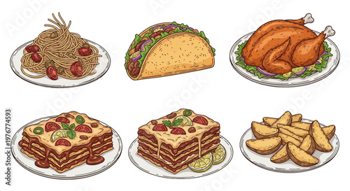 Collection of hand-drawn vintage style food illustrations including spaghetti, beef taco, roasted whole chicken, lasagna slices, and potato wedges on white background plates.