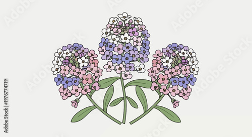 Charming clusters of forget-me-not flowers in white pink and blue hues presented in a whimsical illustration against a plain backdrop