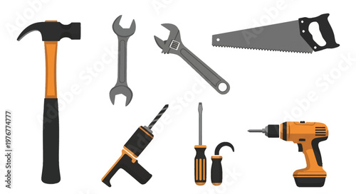 Vector illustration of construction hand and power tools including a claw hammer, adjustable wrench, handsaw, flathead screwdriver, and cordless electric drill isolated on white.