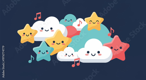 Flat vector illustration featuring a group of smiling cartoon clouds and stars in pastel colors, accompanied by floating musical notes against a solid dark blue background scene.