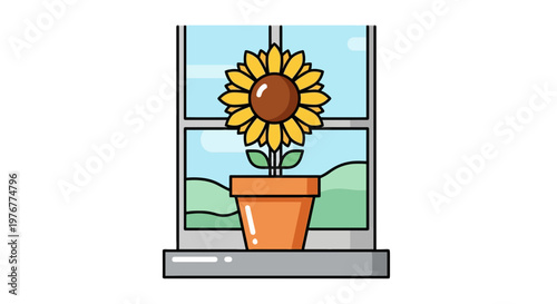 Charming sunflower in an orange pot sitting on a windowsill with a landscape view against a blue sky in cute cartoon style