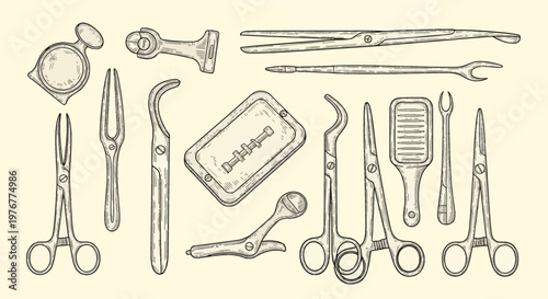 Vintage engraving illustration of antique medical surgical instruments, including scissors, forceps, clamps, probes, and dental tools, isolated on a light background for historical medicine.