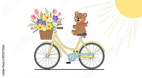 Cheerful teddy bear rides yellow bicycle with flower basket under bright sun illustration in cartoon style bringing springtime joy