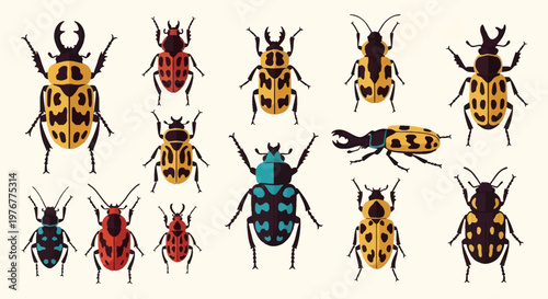 Set of twelve flat vector beetle illustrations featuring various species including stag beetles with large mandibles and spotted patterns in yellow, red, and teal on white.