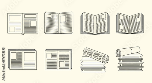 Collection of minimalist black line art icons representing newspapers, open magazines with editorial article layouts, stacks of printed news papers, and rolled daily periodicals.
