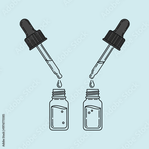 Two vector illustrations of glass eye droppers with black rubber tops dispensing liquid droplets into small pharmaceutical vials, isolated on a light blue background.