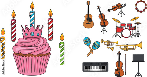 Birthday cupcake with candles crown decoration and musical instruments collection cartoon vector illustration for party celebration and music design