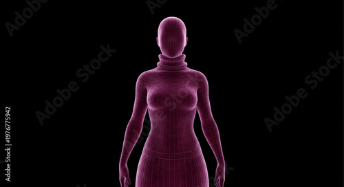 Stylized Digital Female Wireframe Human Figure Standing.