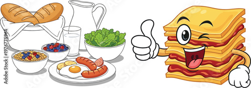 Breakfast meal with bread eggs sausage cereal salad milk jug and funny lasagna cartoon mascot vector illustration for food concept