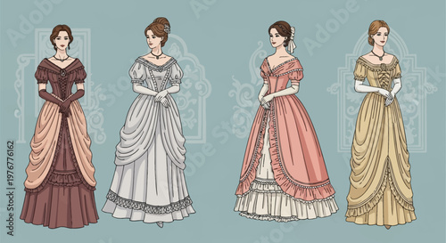 Vector fashion illustration featuring four women in elegant Victorian-era ball gowns and evening dresses with corsets, tiered skirts, ruffles, puff sleeves, and opera gloves.