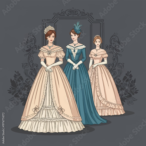 Victorian fashion illustration featuring three women in elegant ball gowns with voluminous crinoline skirts, lace ruffles, evening gloves, and ornate jewelry on a gray background.