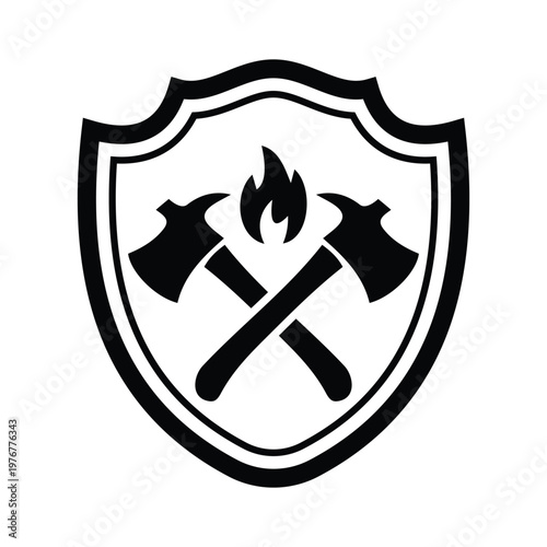 Firefighter Badge Icon Shield with Crossed Axes and Flame Vector