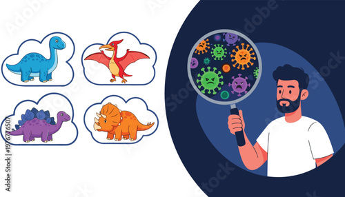 Cartoon dinosaur characters with scientist holding magnifying glass analyzing microbes and viruses science education vector illustration concept