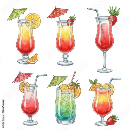 Watercolor illustration collection of six various tropical cocktails and drinks in tall glasses, featuring orange slices, strawberries, lime, paper umbrellas, and drinking straws.