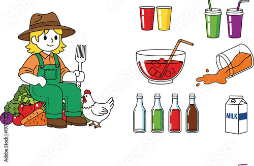Cartoon farmer with vegetables and chicken drink cups juice bowl bottles and milk carton food and agriculture vector illustration set