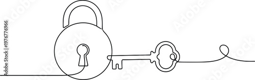 Secure access concept with padlock and key on simple line art