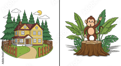 Cartoon forest house landscape with wooden fence pine trees and cute monkey standing on tree stump jungle vector illustration